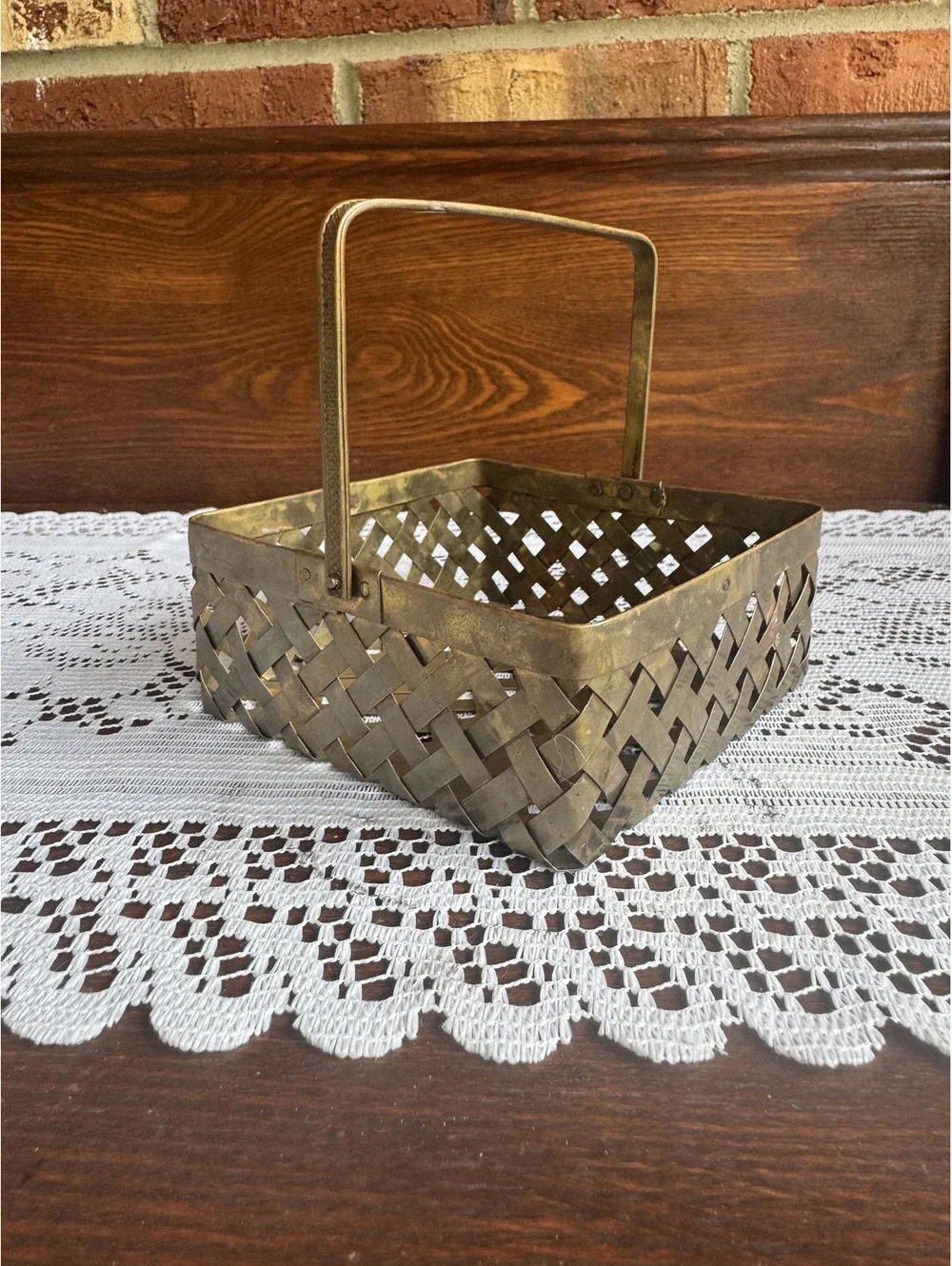 Vintage Handmade Brass Woven Basket with Handle